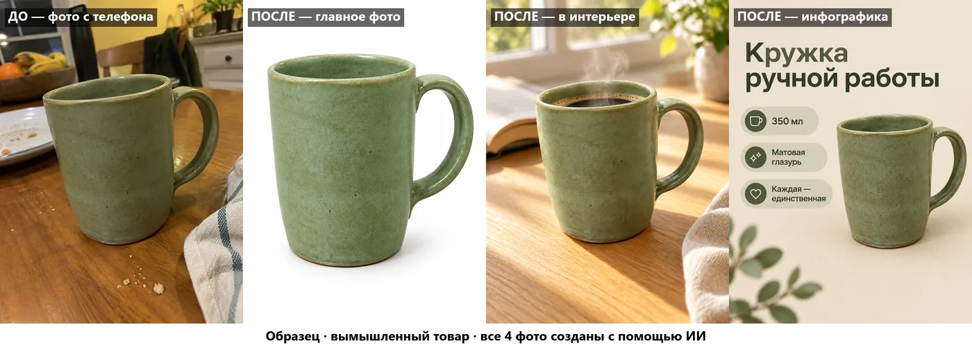 Mug: the seller photo on the left, three listing images on the right.
